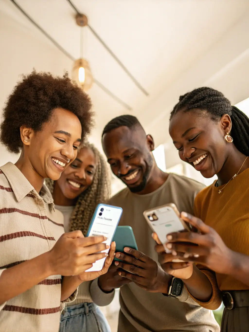 A diverse group of people happily managing their finances using a mobile banking app on their smartphones, representing accessible financial tools.