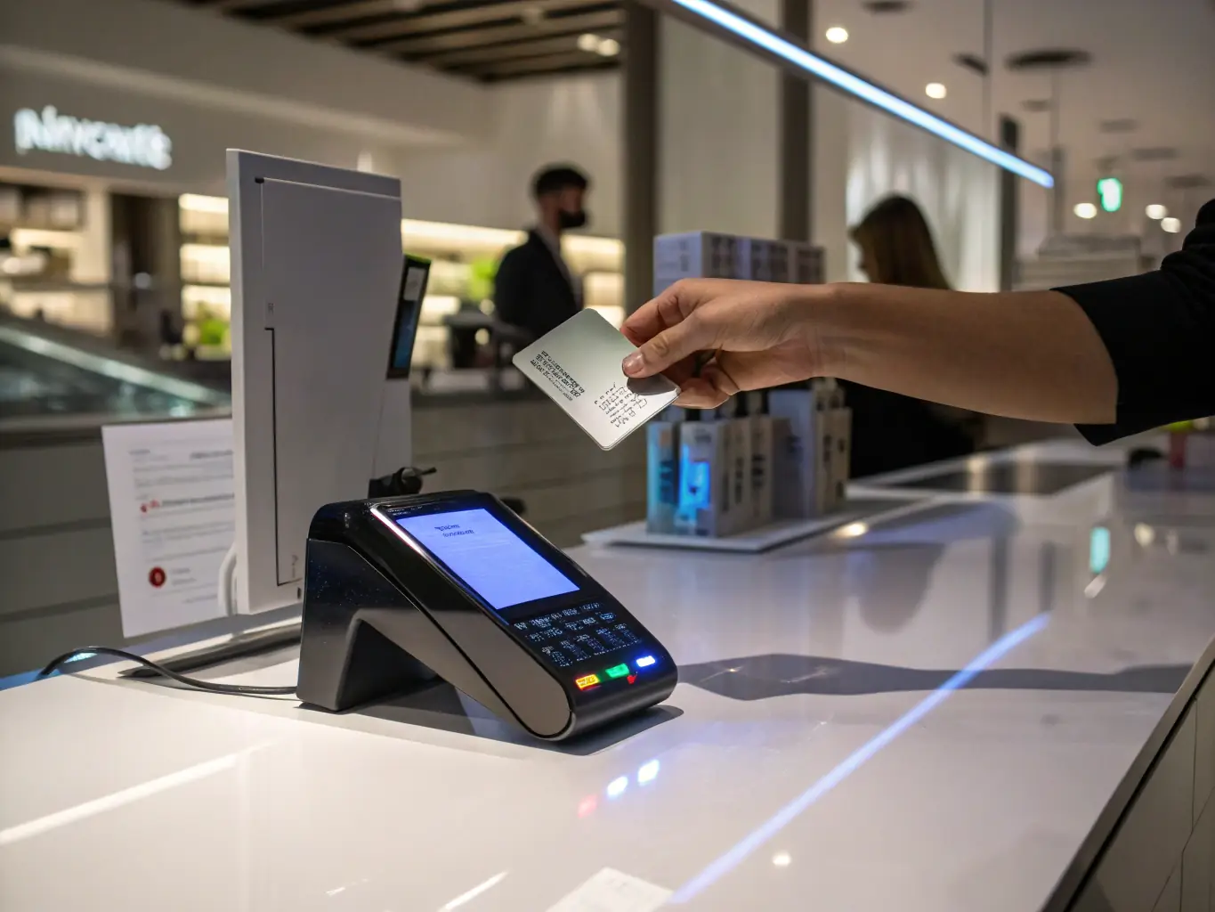 A professional image showcasing a Paygistix-branded credit card being used at a point-of-sale system in a modern retail environment, emphasizing ease of use and business solutions.