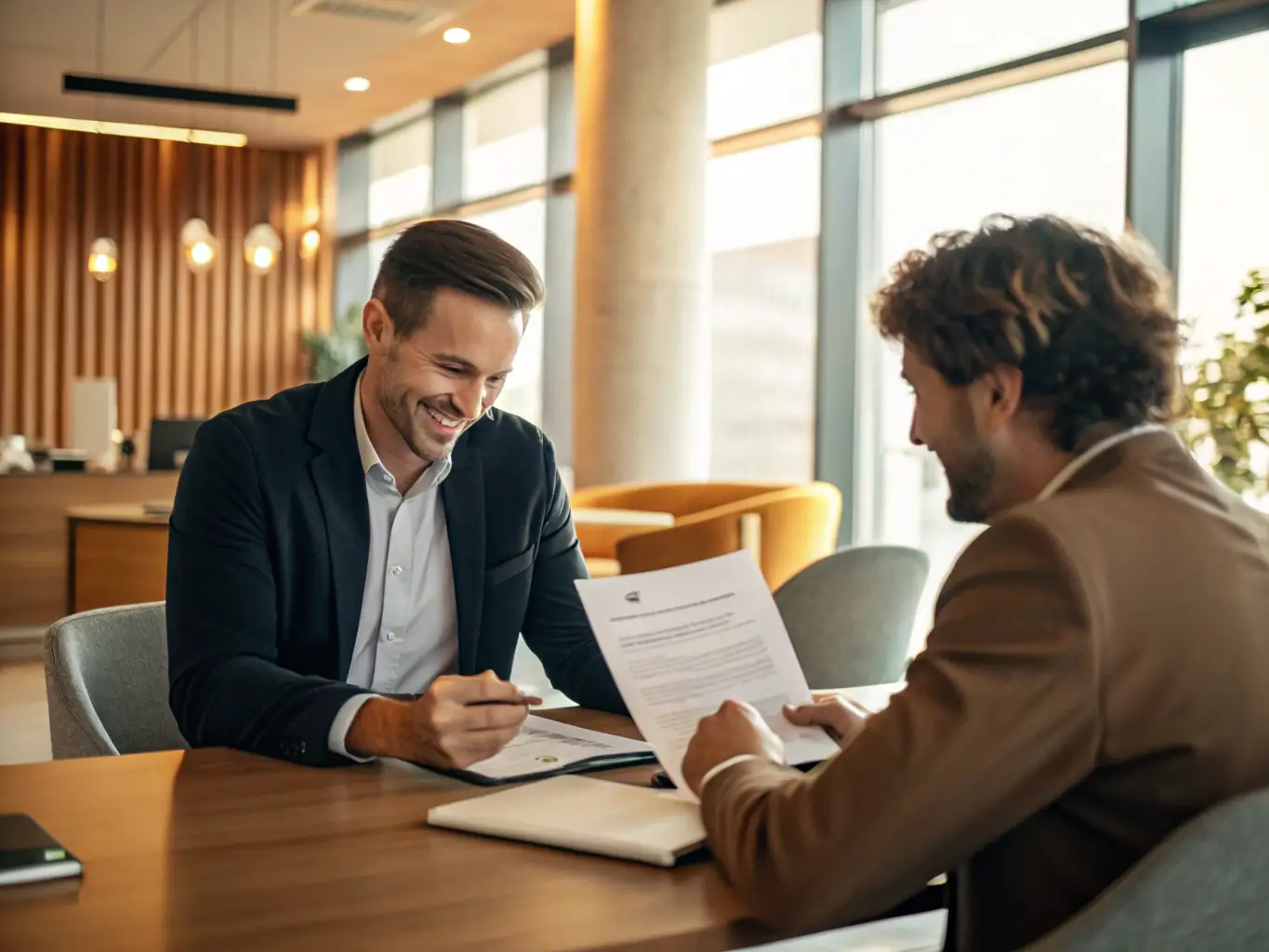 An image depicting a person reviewing loan documents with a financial advisor, emphasizing the personalized service and support offered by NMI for personal loans.