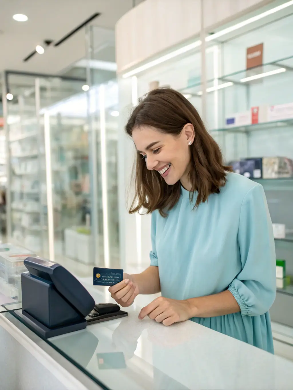 A professional woman confidently using a credit card at a point-of-sale terminal in a modern retail setting, symbolizing secure and convenient transactions.