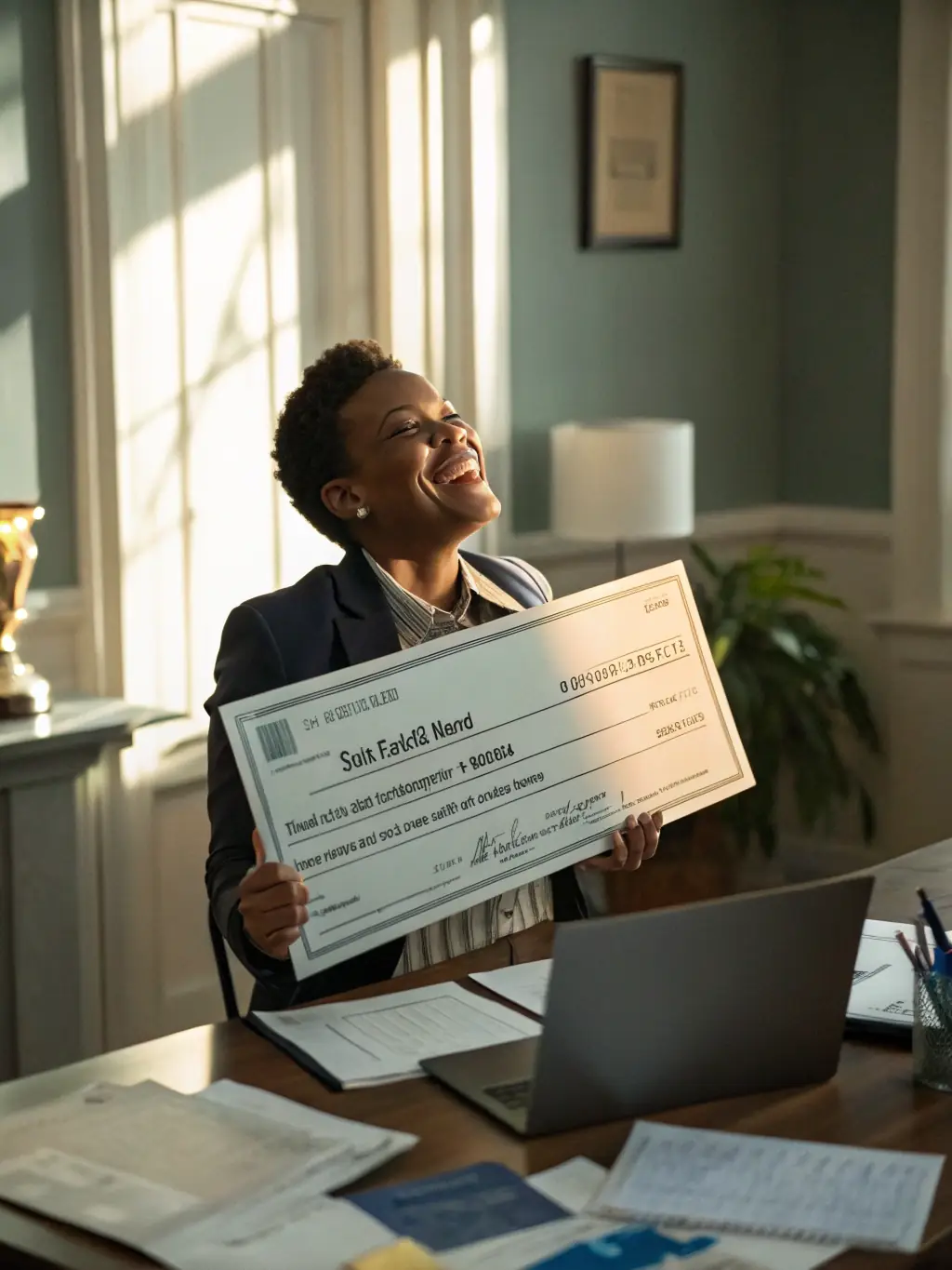 A person happily receiving a personal loan check, symbolizing financial freedom and opportunity.