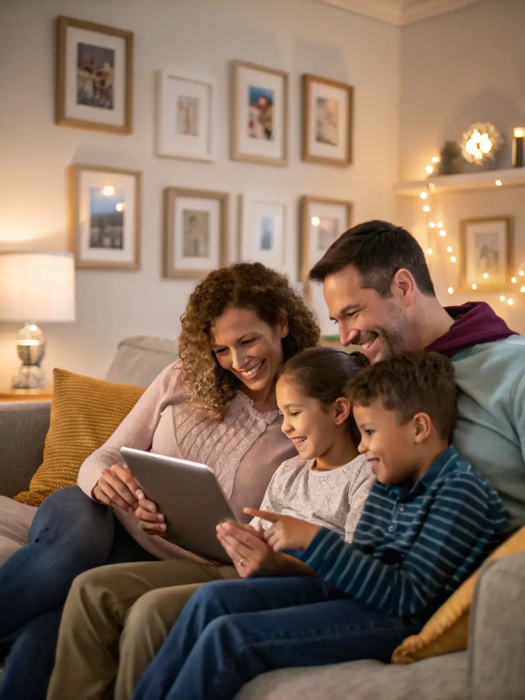 A family confidently planning their budget and expenses using a budgeting app on a tablet, symbolizing financial planning and security.