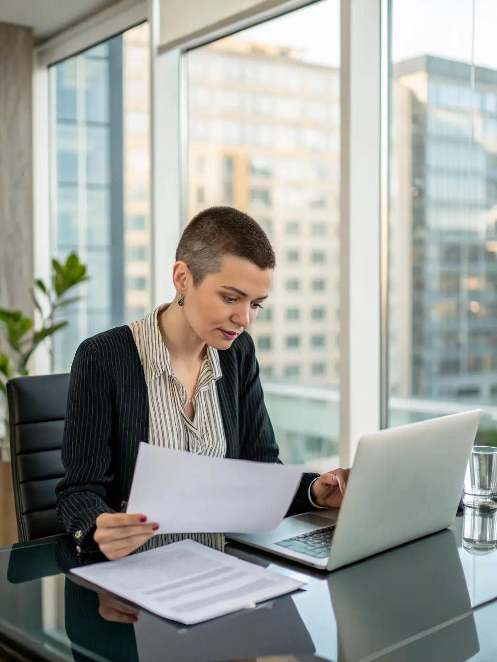 A young professional reviewing loan options on a laptop in a bright and modern office, illustrating informed financial decision-making.