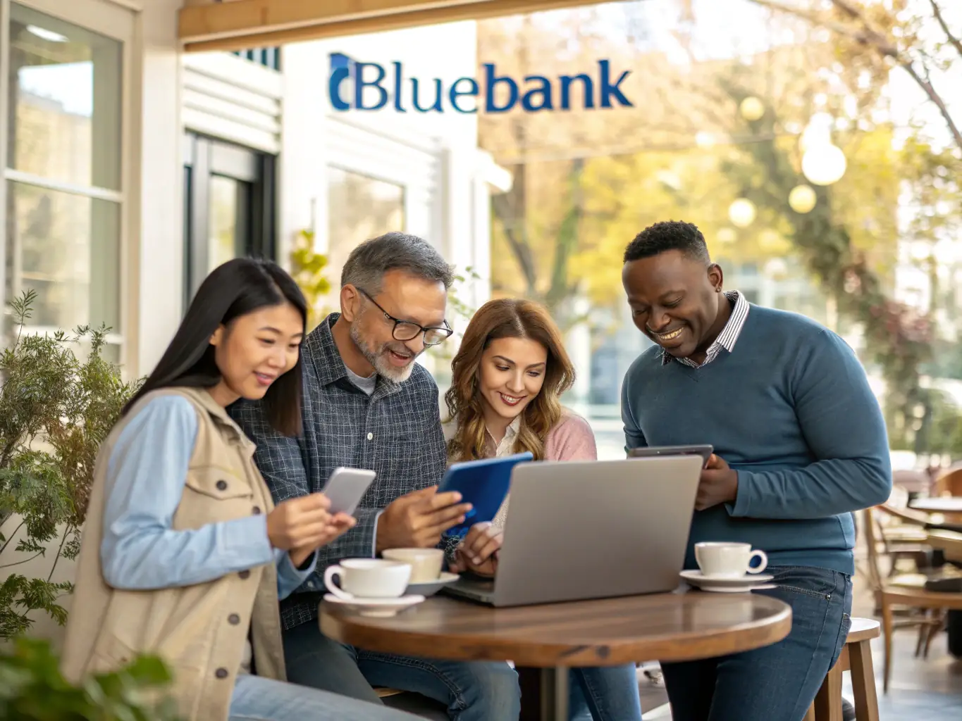 A photograph of a diverse group of people smiling and confidently using their smartphones to manage their finances via a PaymentTech mobile banking app.