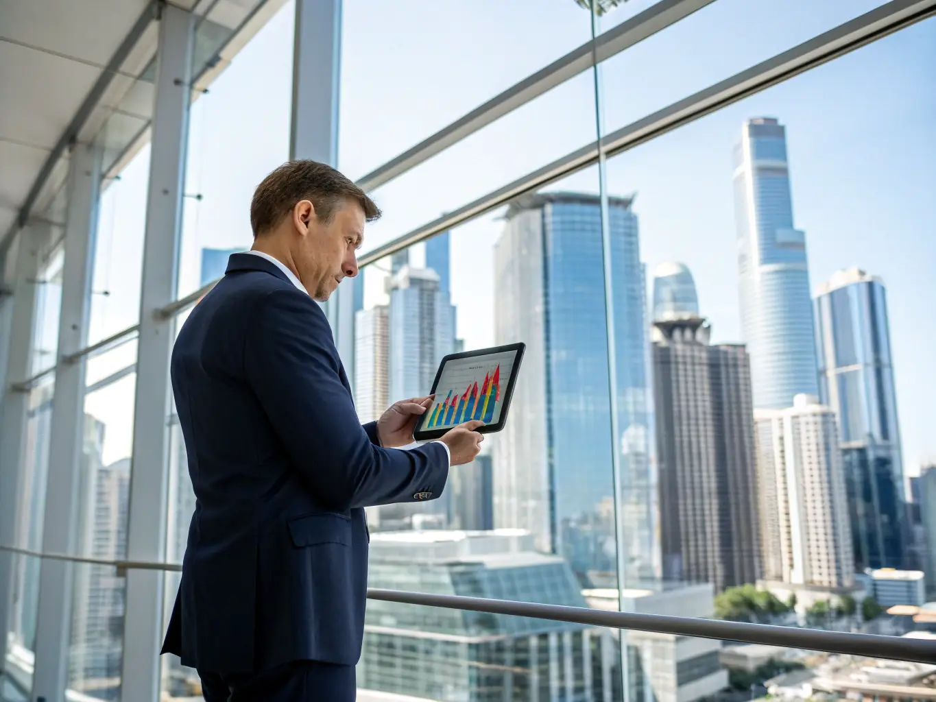 A professional businessman in a suit is reviewing financial data on a tablet in a modern office setting, symbolizing Paygistix's business card solutions.