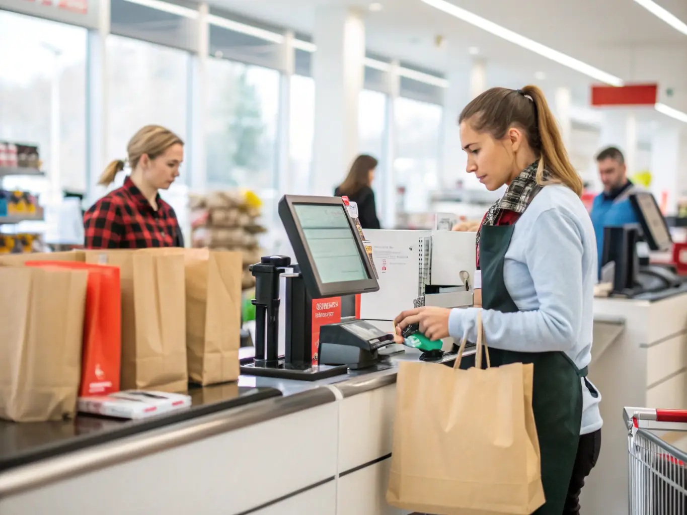 A professional, brightly lit photograph showcasing a PaymentTech-branded credit card being used at a modern point-of-sale system in a retail environment, emphasizing ease of use and technological integration.