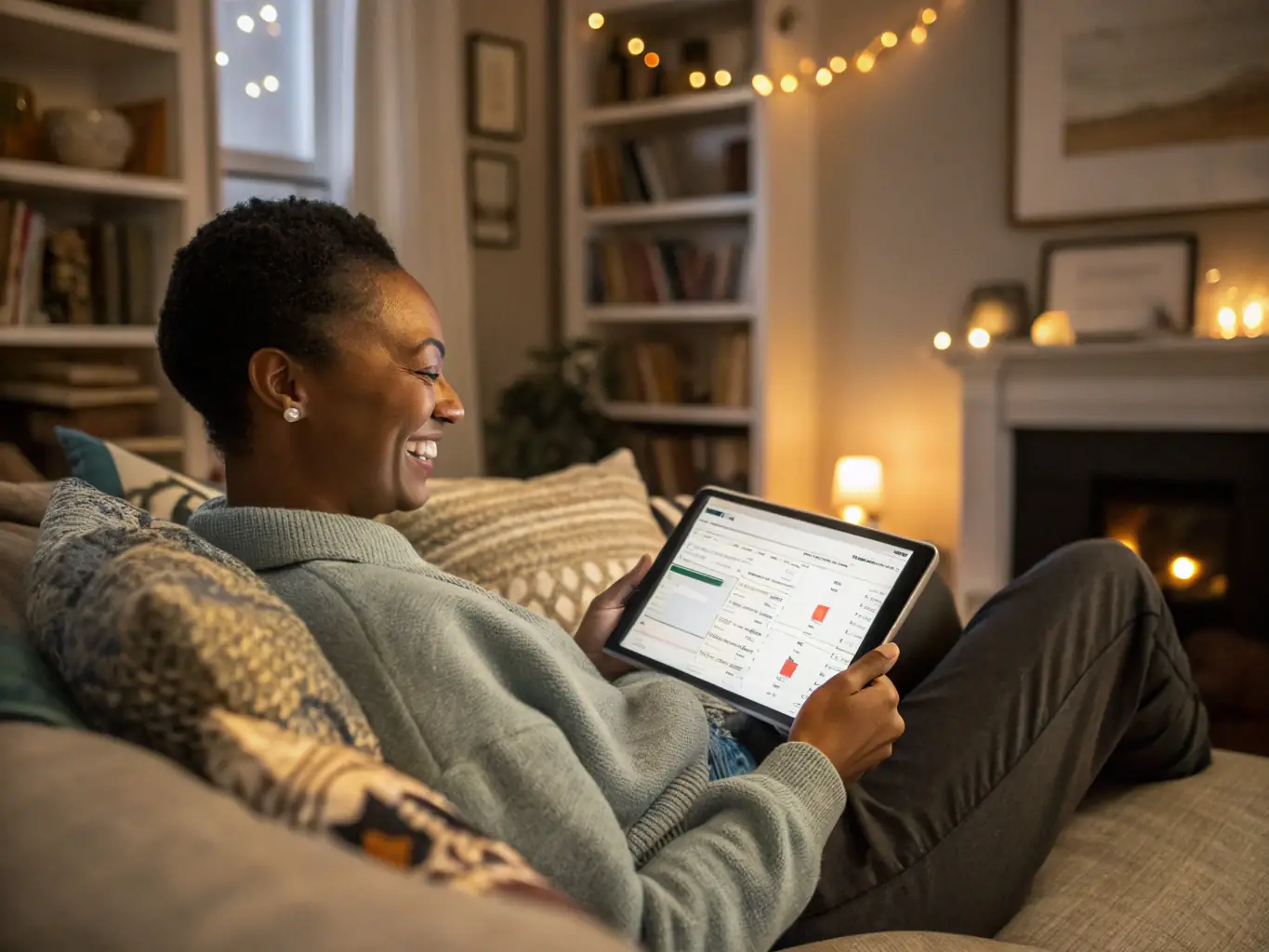 A person reviewing loan options on a tablet in a comfortable home setting, highlighting the accessibility and convenience of NMI's personal loan services.