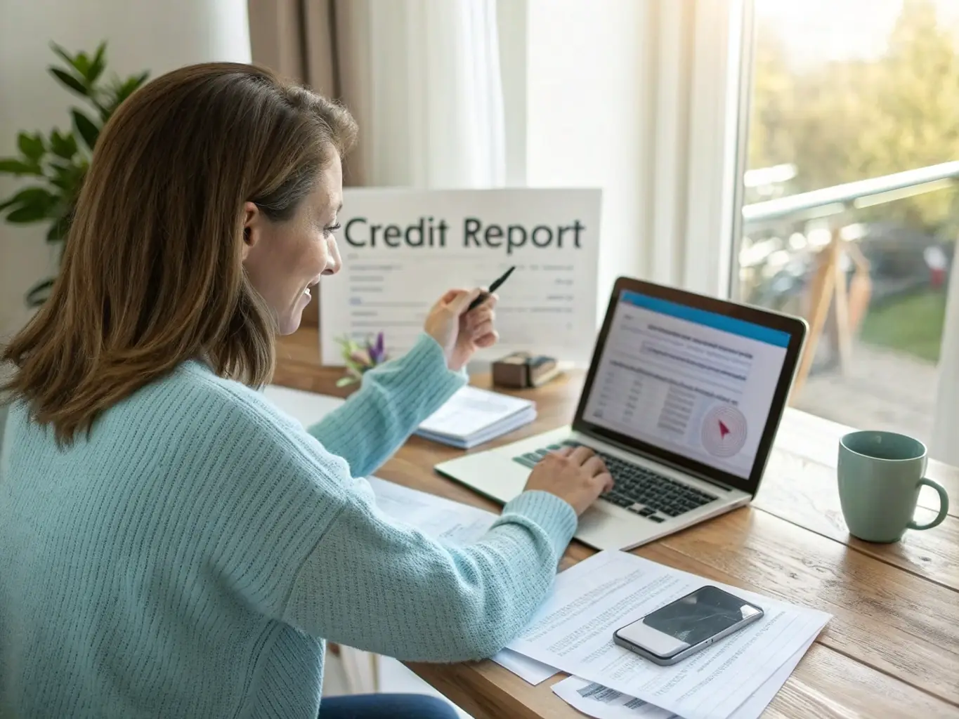A young woman is happily holding a credit card while shopping online on her laptop at home, representing Paygistix's consumer card offerings.