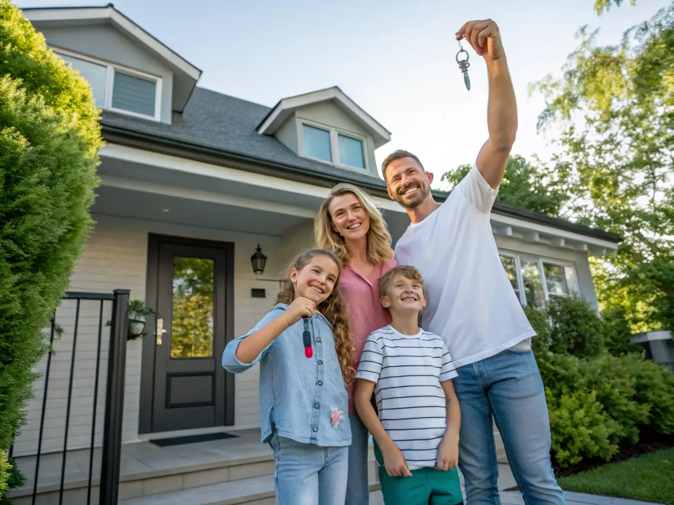 A family is smiling and relaxed in their new home, with keys in hand, representing the possibilities enabled by Paygistix's personal loan services.