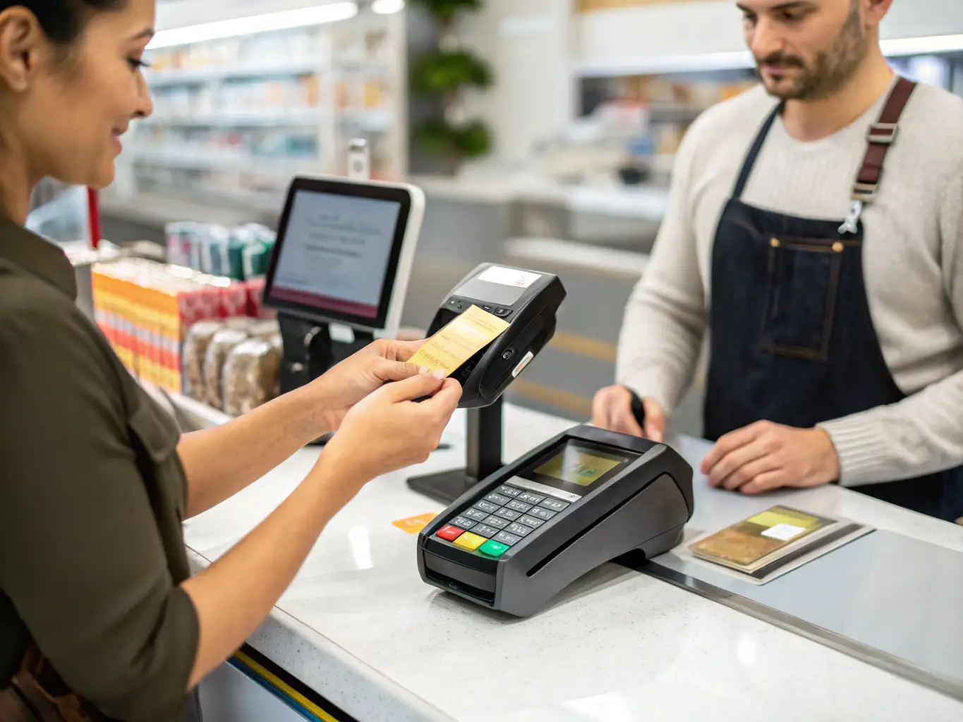 A person confidently using an NMI credit card at a point-of-sale terminal in a modern retail environment, showcasing the ease and security of NMI's card solutions.