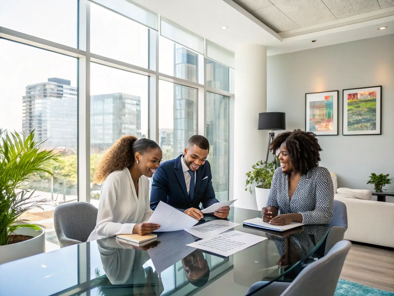 A professional and modern office space representing NMI, with employees collaborating on financial solutions, emphasizing innovation and technology.
